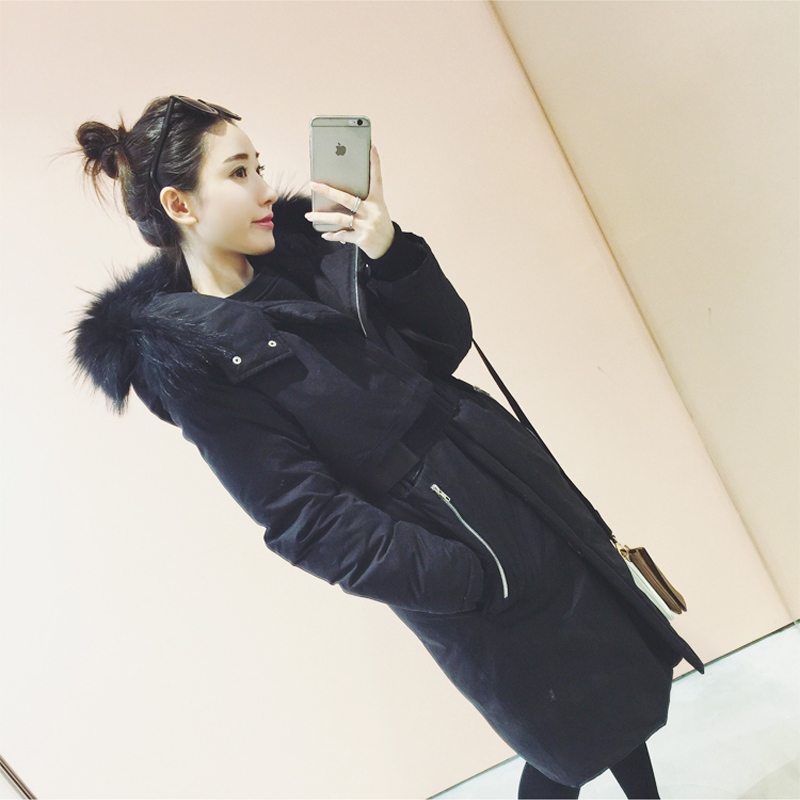 2016冬季 韩版女装大码中长款加厚连帽收腰修身羽绒服大毛领外套