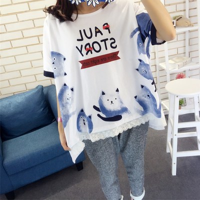 蝙蝠衫夏女大码女装夏装2016款200中长款可爱猫咪宽松短袖t恤胖mm