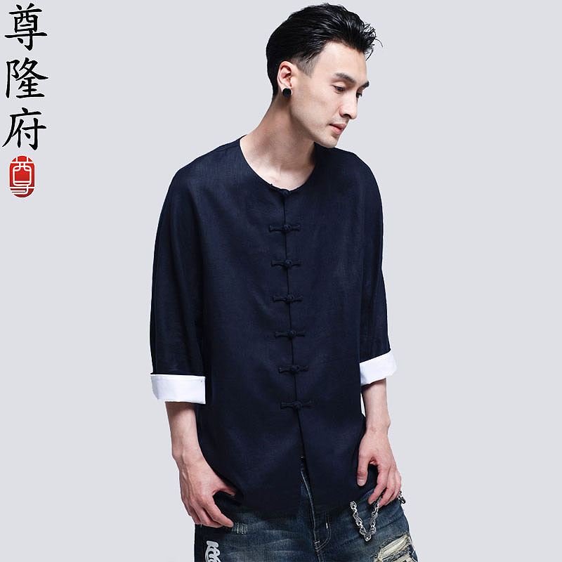 Tang costume Young men summer Three Quarter Sleeve Chinese style frog jacket Thin section Cotton and hemp leisure time Retro Large Hanfuin the Men's clothing, National costume category - from Buy2taobao.com to provide professional Taobao agent buy service