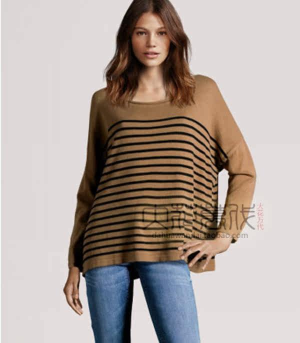 大花万代HM专柜代购 欧美女士宽松圆领条纹斗篷款针织毛衣