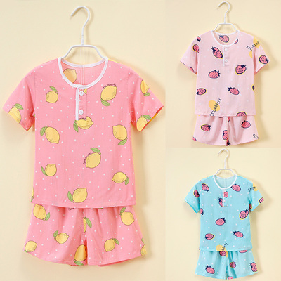 儿童绵绸睡衣短袖棉绸人造棉夏家居服女童男童卡通薄款空调服套装