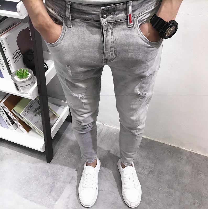 一条白灰破洞牛仔裤 潮男春夏新韩版修身九分小脚裤社会青年ins火在类目 男装, 牛仔裤中 - 来自Buy2taobao.com提供专业的淘宝代购服务