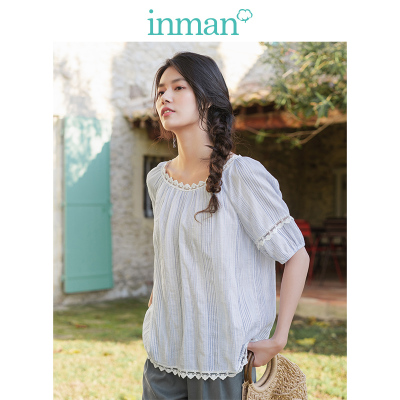 茵曼2019夏装新款花边大圆领中袖宽松文艺甜美淑女衬衫上衣女