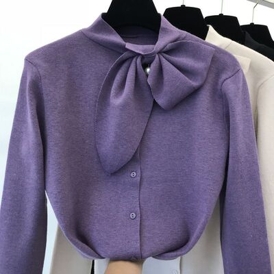 2018秋冬新品韩范特定气质领口蝴蝶结单排扣纯色质感洋气针织开衫