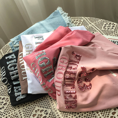 柔软亲肤T恤衫夏季亲肤时髦亮片修身显瘦套头圆领短袖上衣女DZ