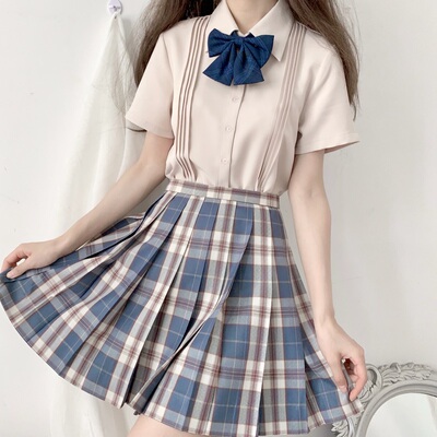 Ruibbit 自制风琴褶短袖黑白衬衫女春夏制服jk上衣丸襟圆领尖领