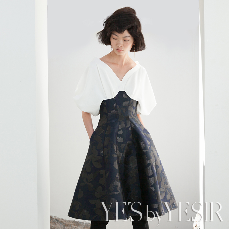 YE'SbyYESIR官方叶谦2018秋冬女装藏蓝色提花大V领対褶袖连衣裙|msdalam kategori Butik wanita / wanita, pakaian - dari Buy2taobao.com untuk memberikan perkhidmatan ejen Taobao profesional membeli