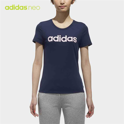 阿迪达斯女短袖 LOGO TEE黑舒适圆领透气吸汗立体裁剪T恤 DN2498