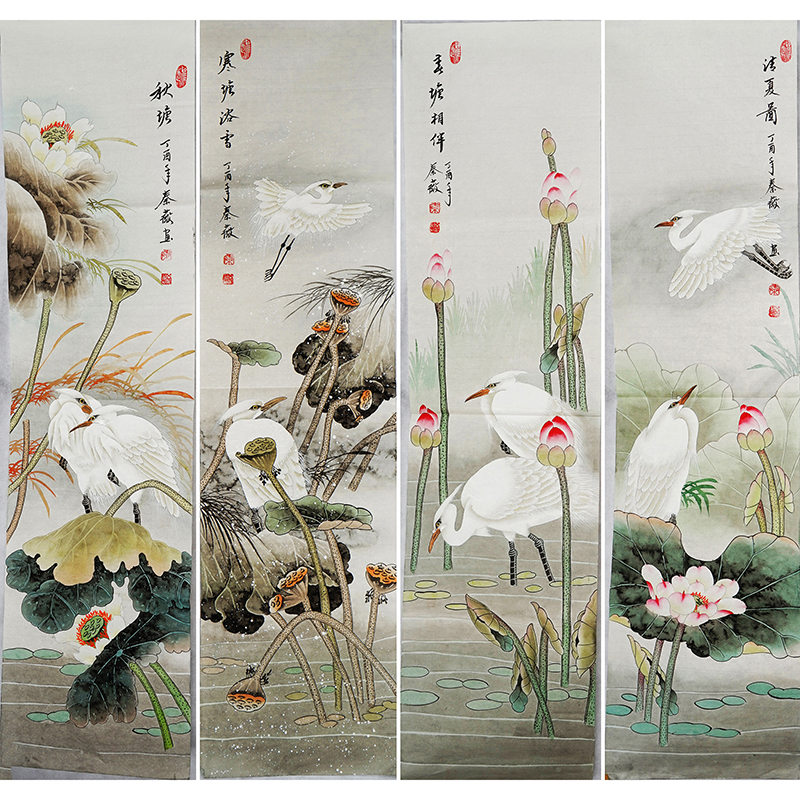 工笔画国画荷花四条屏荷塘白鹭客厅手工装饰画秦薇字画1716|ruв категории Домашний быт, декоративная живопись, китайская живопись - от Buy2taobao.com для оказания профессиональной услуги покупки агента Taobao