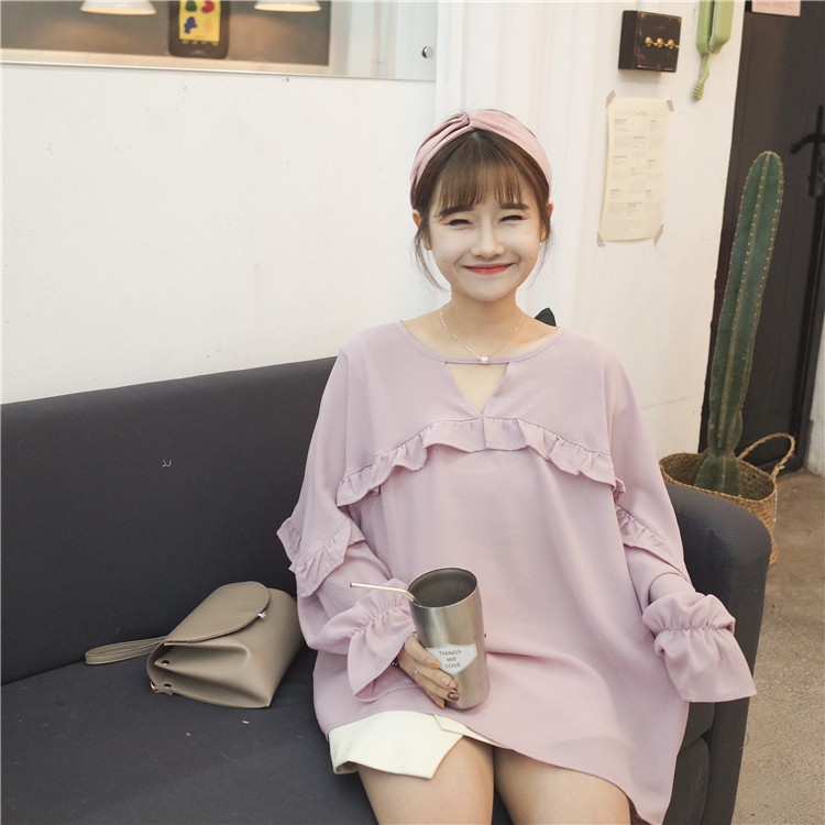 实拍新款 时尚百搭韩风镂空喇叭袖显瘦衬衣女