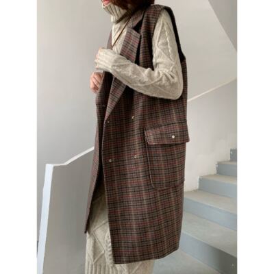 全部带衣架防尘袋！复古文艺范 格子毛呢长款马夹 女秋冬新款1835