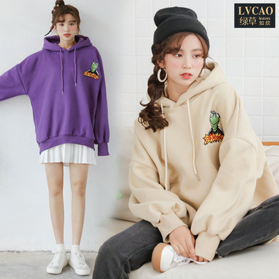 戴帽加绒青蛙前后印花超大泡泡袖小清新卫衣女学院宽松个性上衣潮