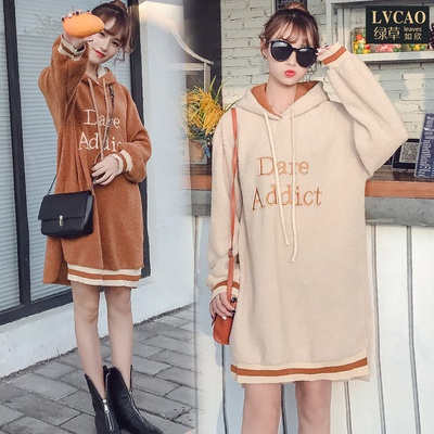 秋冬戴帽刺绣开叉宽松卫衣裙秋女2017新款中长款卫衣毛绒绒韩版潮