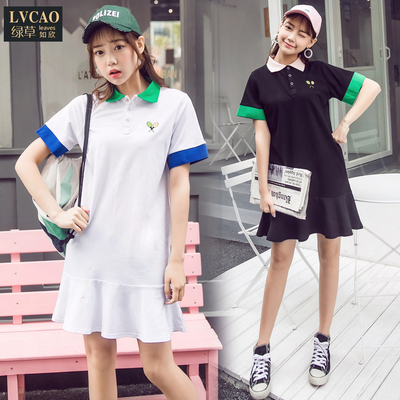 拼色网球刺绣运动荷叶边T恤裙ins超火的鱼尾连衣裙polo裙子学院风