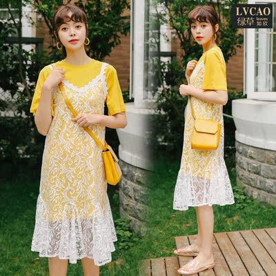 韩版纯色T恤吊带蕾丝连衣裙两件套t恤裙夏纱鱼尾网红衣服女街拍款