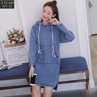 春韩版袋鼠兜戴帽纯色宽松牛仔卫衣裙卫衣ins潮人女中长款连衣裙