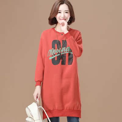九月陌墨 2017冬季新款女装字母加绒卫衣 中长款宽松加厚套头上衣