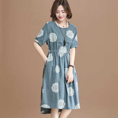 九月陌墨 2018夏季新款女装印花松紧腰棉麻连衣裙 中长显瘦A字裙