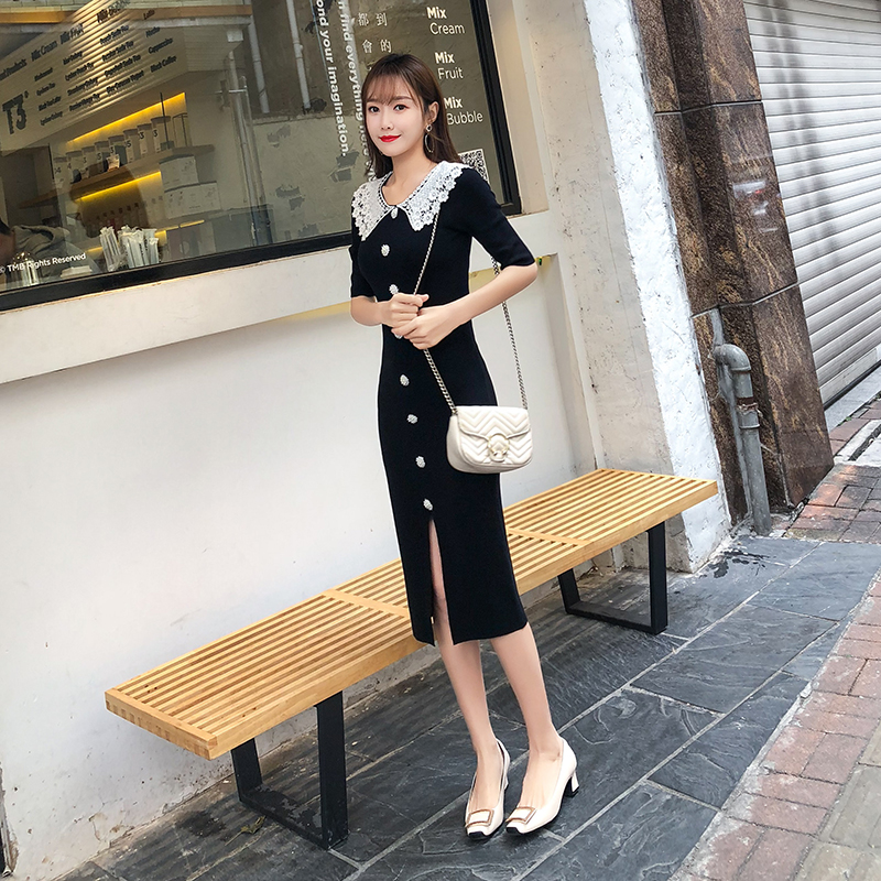 2019夏季新款网红短袖连衣裙中长款开叉娃娃领中袖修身冰丝针织衫|ruв категории Женская одежда, шерстяной свитер - от Buy2taobao.com для оказания профессиональной услуги покупки агента Taobao