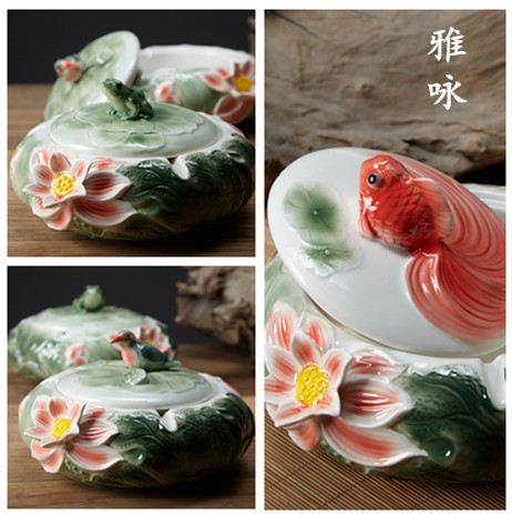 中式客厅金鱼荷花翠鸟青蛙大号带盖陶瓷烟灰缸创意个性办公多功能在类目 餐饮具, 茶具, 茶道/零配中 - 来自Buy2taobao.com提供专业的淘宝代购服务