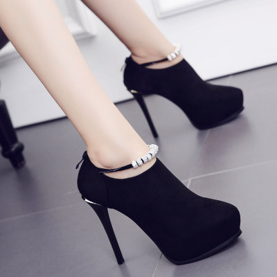 2018新款秋冬季高跟鞋女尖头韩版百搭细跟防水台深口单鞋黑色女鞋