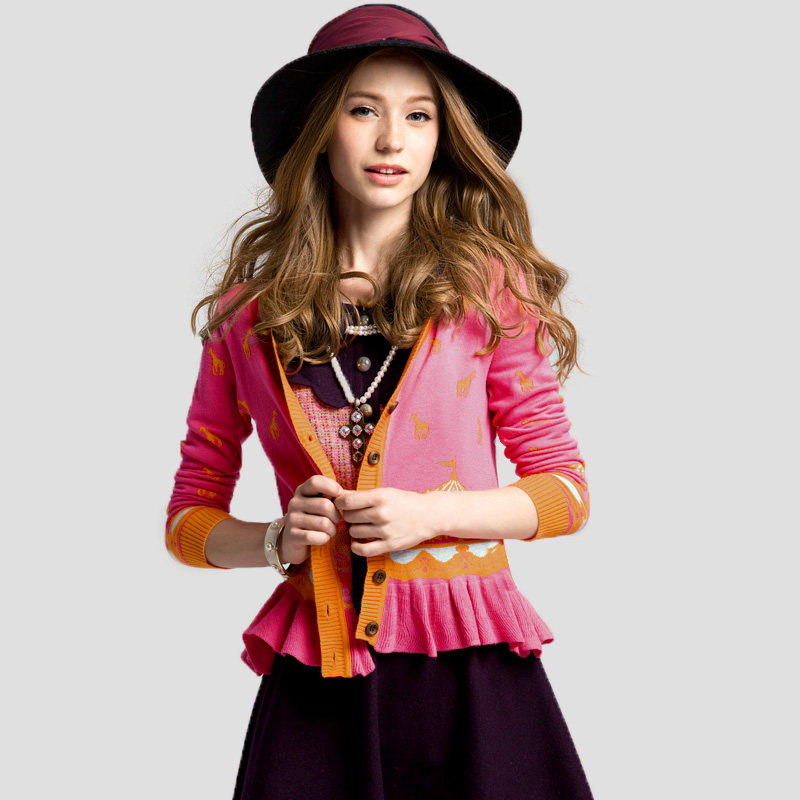 2014<em>春季</em>新款撞色提花 <em>薄开衫</em> 荷叶边针织衫 女