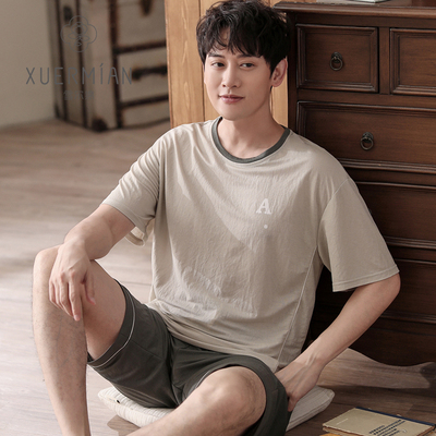 雪尔绵夏季男士睡衣棉麻休闲薄款宽松套装家居服短袖短裤夏天春秋