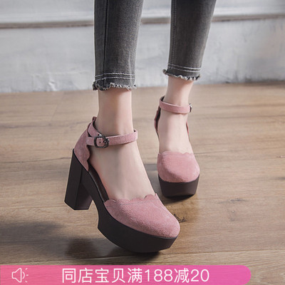 宝迪美崎真皮复古凉鞋女2018夏季新款方跟中空一字带凉鞋超高跟