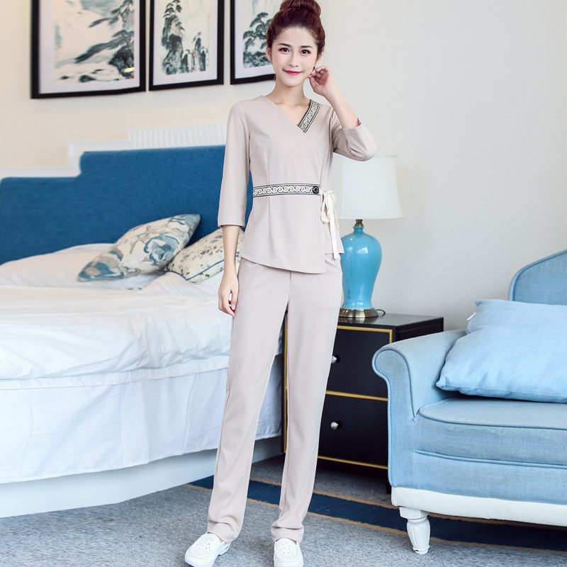 美邻驿站美容院工作服美容师工装足疗足浴技师女服装七分袖spa套在类目 女装/女士精品, 套装/学生校服/工作制服, 职业女裤套装中 - 来自Buy2taobao.com提供专业的淘宝代购服务
