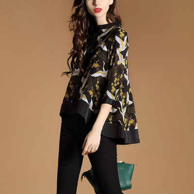 处理显瘦清仓2018春秋装新款气质七分袖印花宽松衬衫翻领娃娃衫女