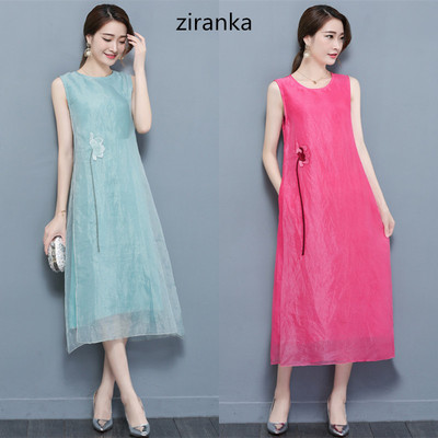 2018春夏季新款复古刺绣A版宽松显瘦背心长裙欧根纱连衣裙女