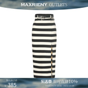 奥莱maxrieny黑白，条纹蕾丝开叉，双腰头半身裙夏款长裙