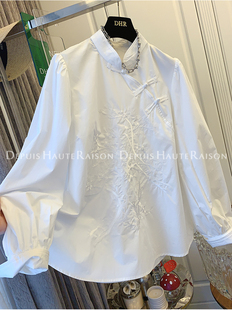 DHR 新中式盘扣白色重工刺绣泡泡袖棉布衬衫上衣女装2024早春