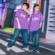 街舞儿童潮服2024夏季宽松紫色t恤男童，演出服套装街头嘻哈hiphop
