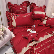 新婚庆(新婚庆)红色，床品四件套纯棉全棉结婚刺绣，喜被套蝴蝶结简约床上用品