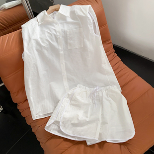 日系白色单排扣无袖上衣阔腿松紧腰短裤套装时尚休闲洋气G$28