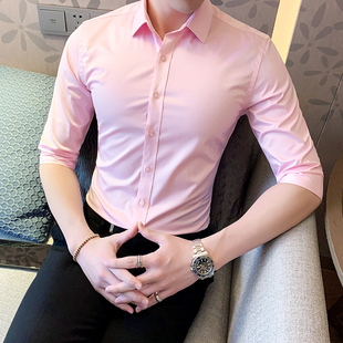 男士短袖衬衫夏季潮流粉色，中袖衬衣休闲韩版修身青年七分袖寸衣男