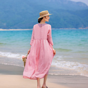 2024春夏苎麻淡紫色连衣裙，高端典雅圆领气质，长款九分袖长款裙