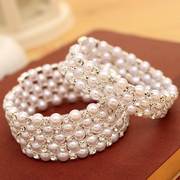 韩版时尚多层珍珠，镶钻缠绕螺旋手链宽手镯，女弹力宽手环