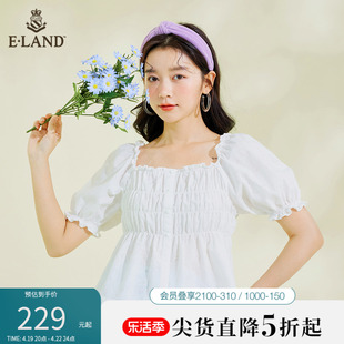 Eland衣恋温柔淑女风短袖衬衫女木耳花边短款白色上衣夏季