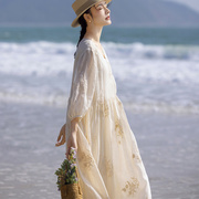 夏宽松(夏宽松)苎麻，高端重工刺绣法式v领旅游优雅仙气白色连衣裙长款度假