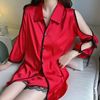 夏天睡衣女夏季冰丝绸短袖性感2024露肩蕾丝红色开衫两件套装