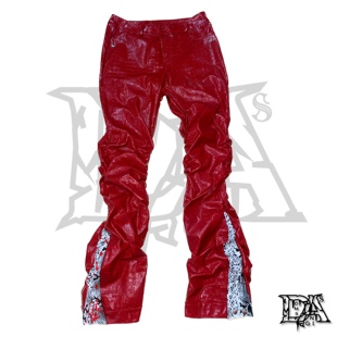 「RED ICE」 酒红色鳄皮拼接蛇纹微喇皮裤