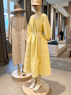 名媛贵妇休闲裙穿是气质品味嫩嫩的鹅黄色亚麻腰带连衣裙