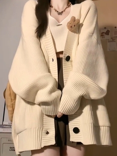 加厚版！慵懒风软糯单排扣毛衣开衫女外套2025春装新款宽松针织衫