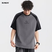 XAKA灰色撞色拼接落肩短袖t恤男夏字母刺绣美式复古宽松插肩半袖