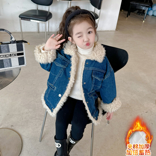 女童加绒牛仔外套，2023韩版小公主冬季冬装洋气儿童装休闲上衣