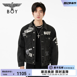 BOYLONDON潮牌情侣款春夏章仔拼贴复古黑灰牛仔外套N50704