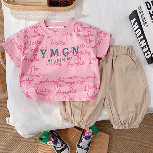 儿童印花短袖套装小童，可爱韩版粉色t恤短袖，男宝满印套装小童短袖