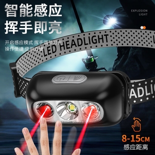 led头灯超亮可充电头戴式强光感应手电筒，小型便携式夜钓鱼灯锂电
